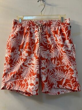 NWT GOODFELLOW & Co Men's Orange and White Floral Swim Trunks, Sz S